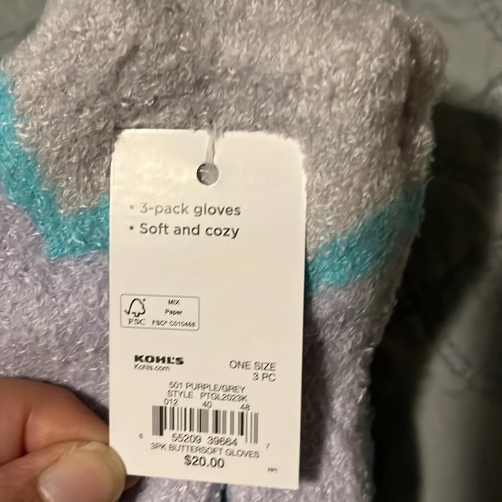 SO Kids Soft and Cozy 3 Pack Gloves in Lavender, Blue, and Gray